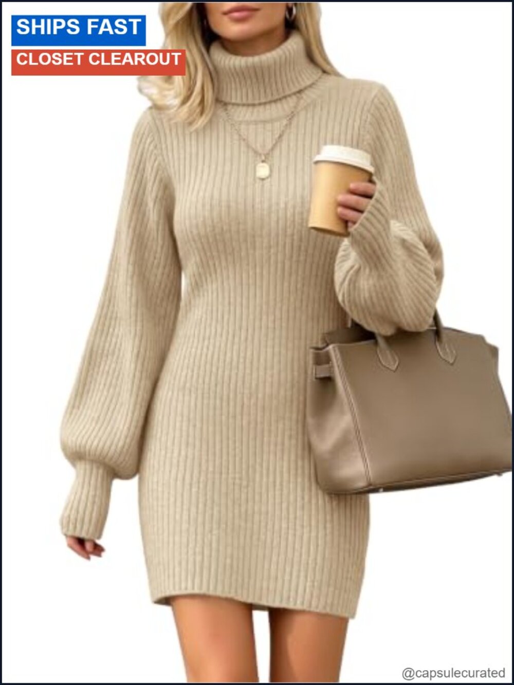 Women's Ribbed Knit Turtleneck Mini Sweater Dress Bodycon Long Lantern Sleeve